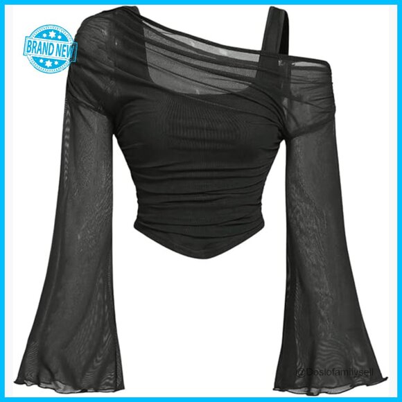 Tops - Y2K Off Shoulder Mesh Crop Top Long Bell Sleeve Ruched Rave Clubwear